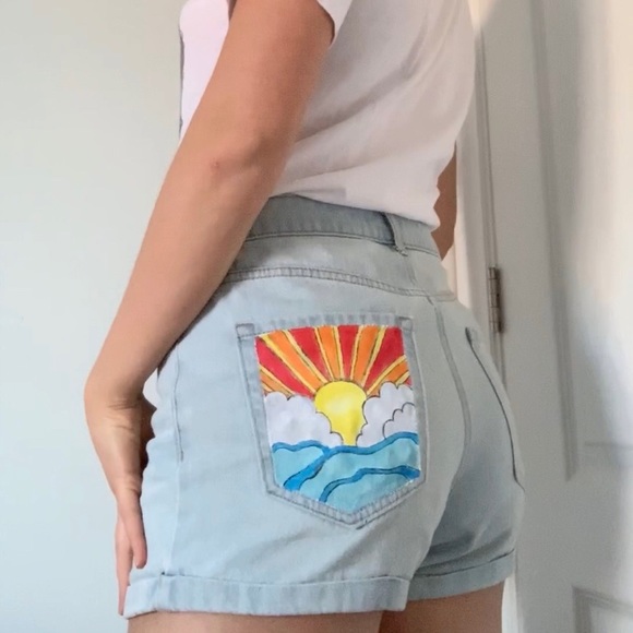 sunset painting on denim shorts